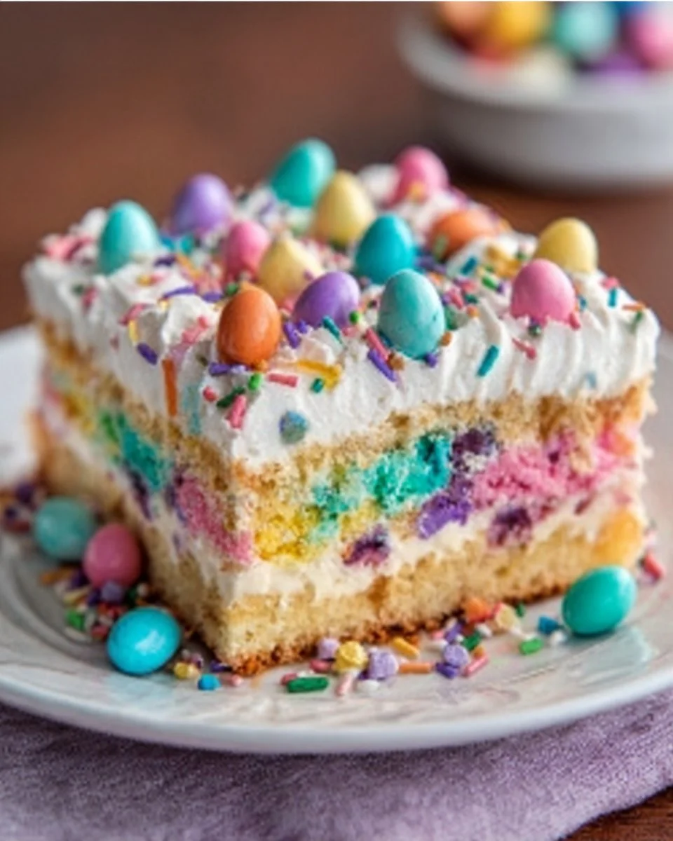 Colorful homemade Easter poke cake with vibrant layers ready for celebration