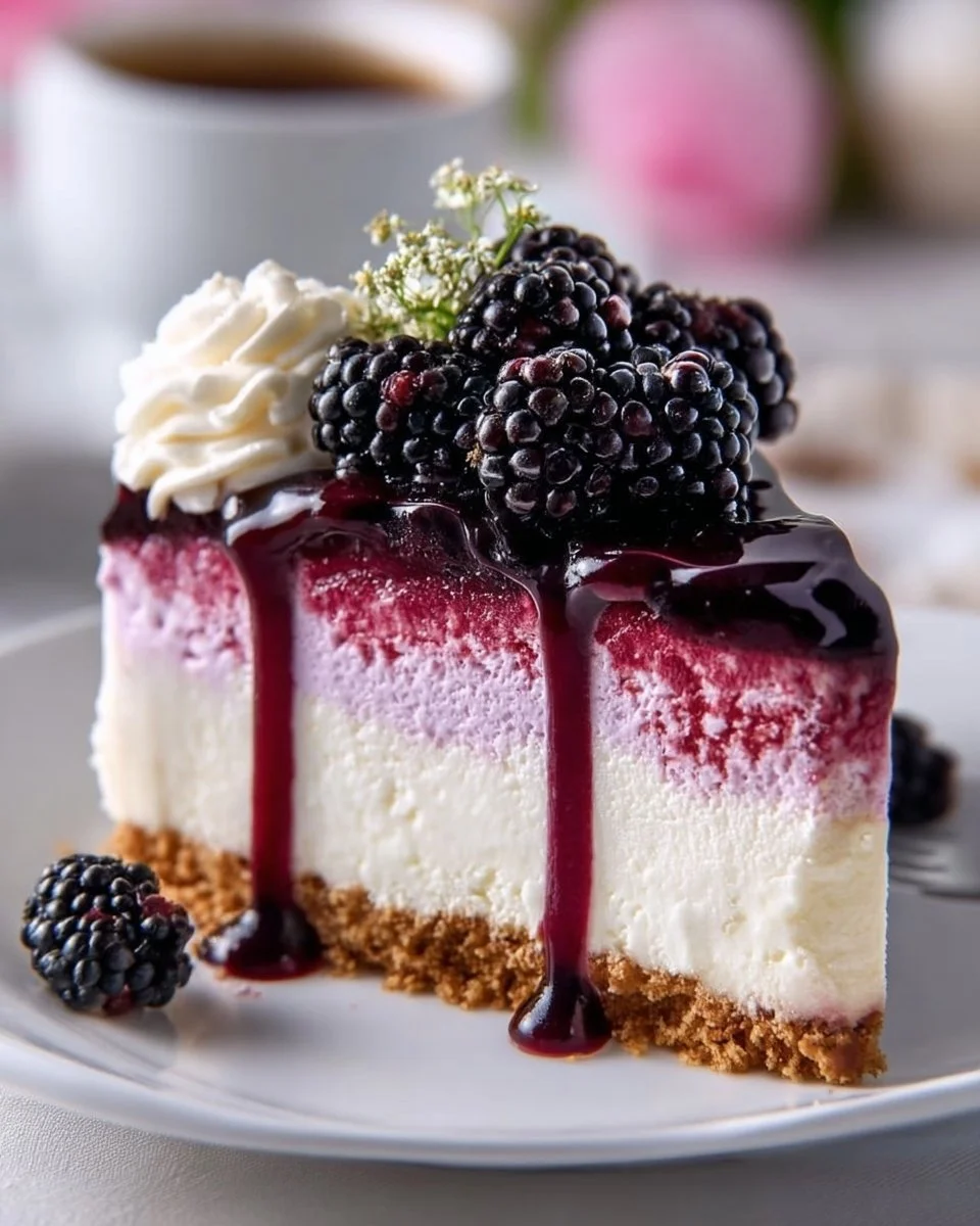 Slice of Blackberry Bliss Cheesecake topped with fresh blackberries and mint