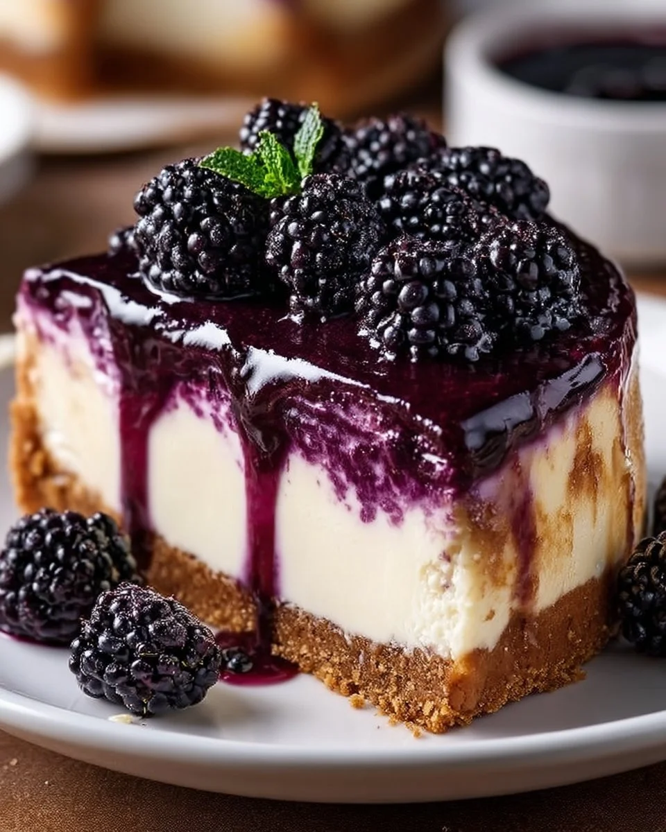 Delicious slice of Blackberry Cheesecake topped with fresh blackberries.