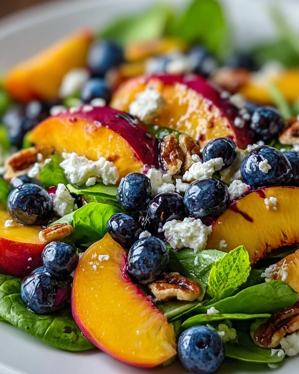 A vibrant Blueberry Peach Feta Salad with fresh fruits and feta cheese.