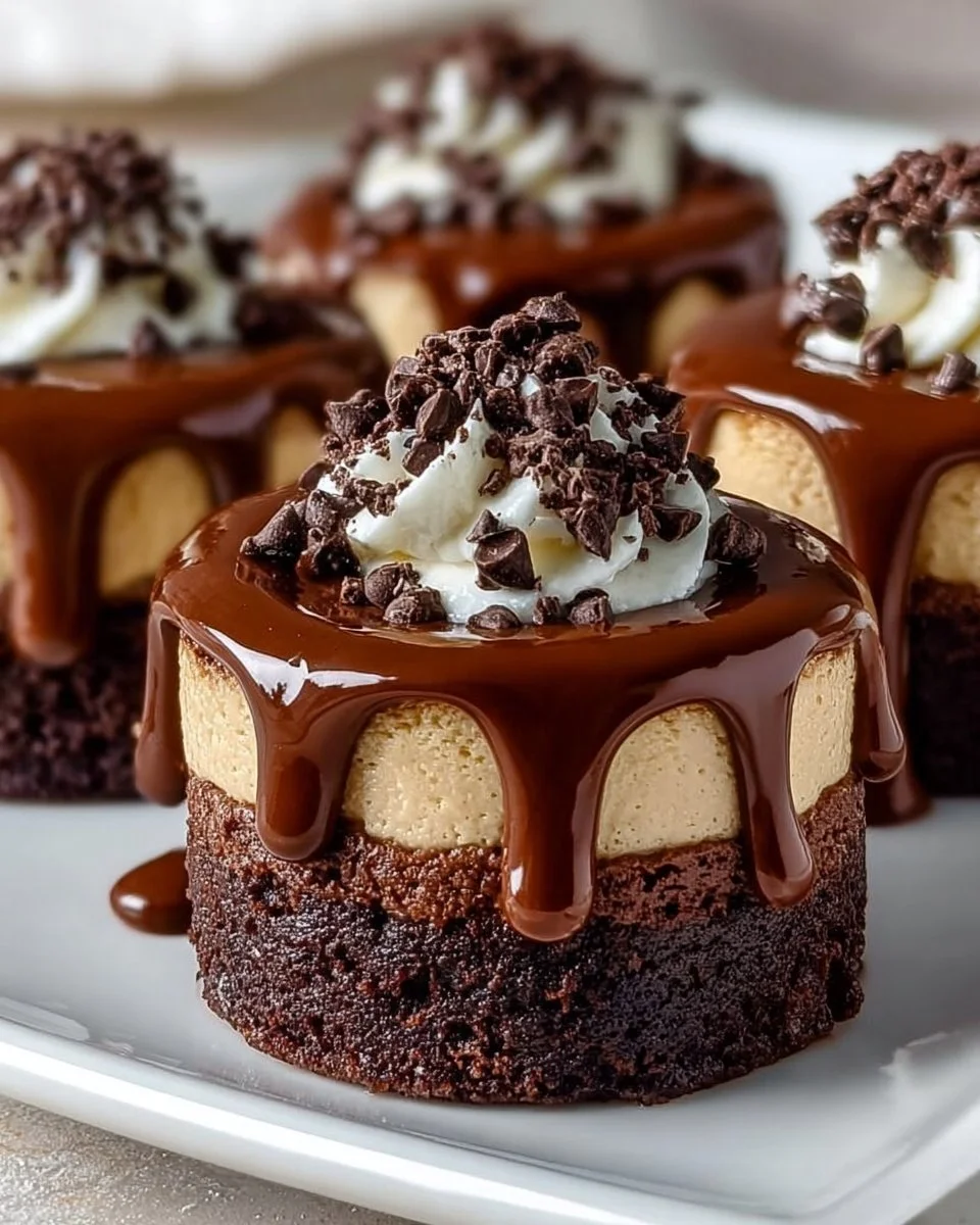 Delicious brownie bottom mini cheesecakes topped with chocolate and cream.