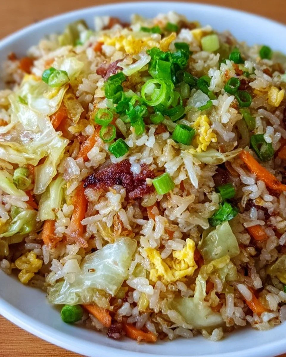 Delicious bowl of cabbage fried rice garnished with green onions