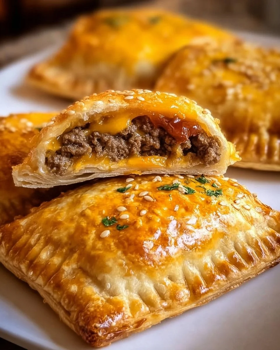 Homemade cheeseburger pockets filled with beef and cheese in flaky pastry