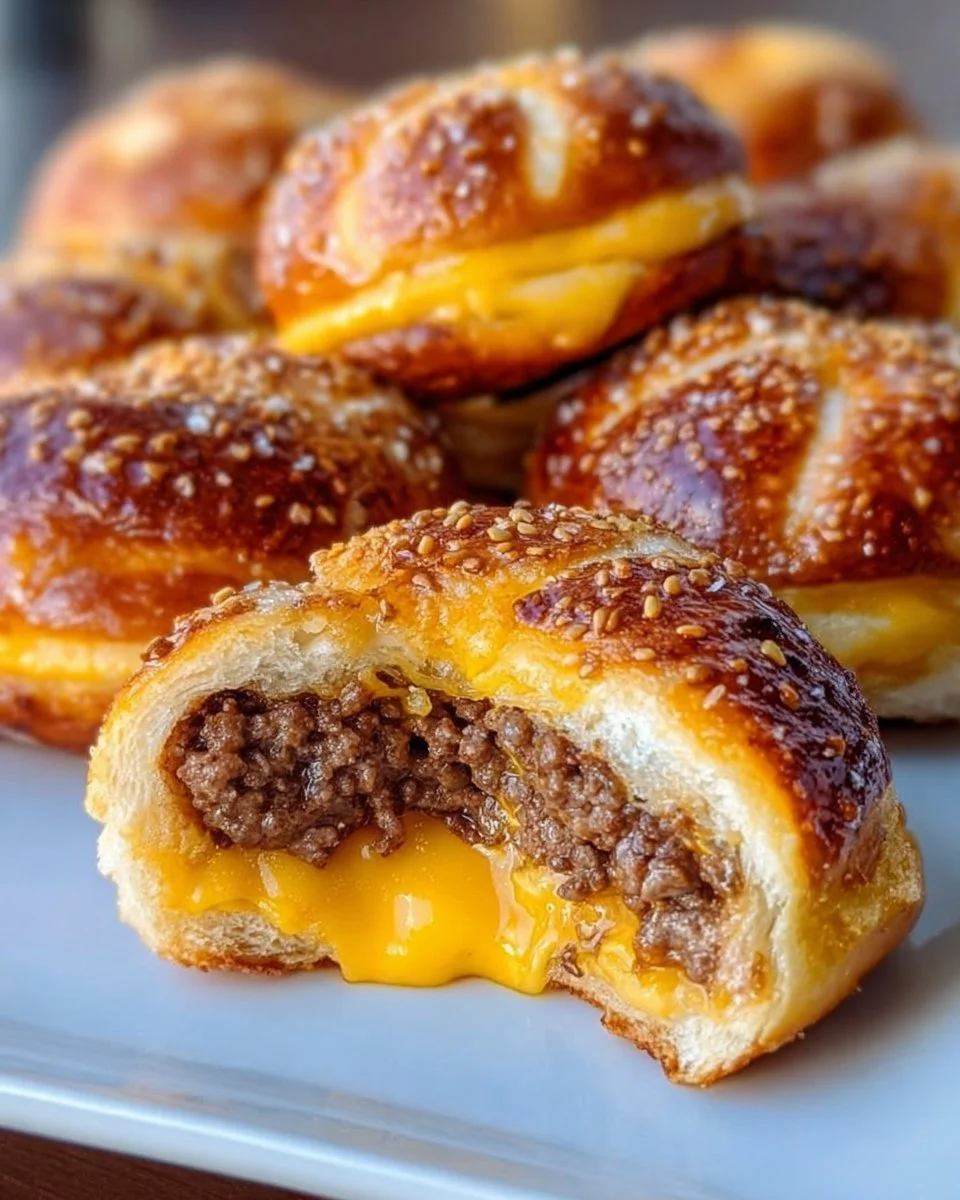 Cheeseburger pretzel bombs filled with beef and cheese, perfect for snacking.