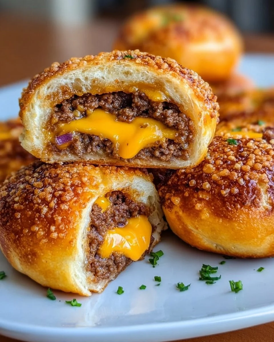 Cheeseburger pretzel bombs served on a plate, drizzled with cheese sauce.