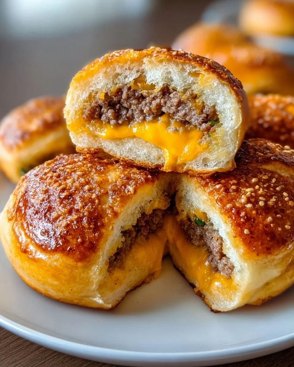 Cheeseburger pretzel bombs served on a platter with dipping sauce.