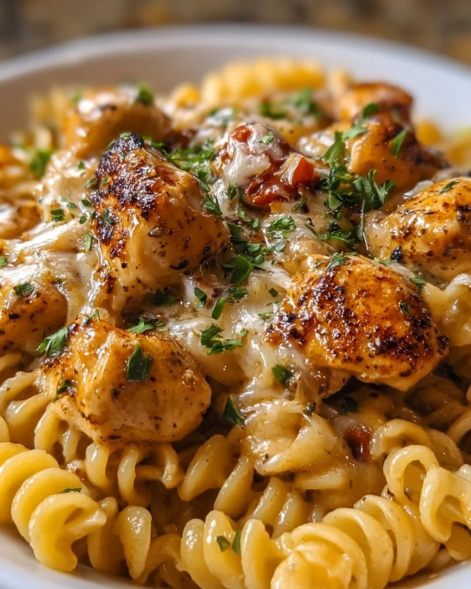 Cheesy Cajun Garlic Chicken Rotini Skillet garnished with parsley.
