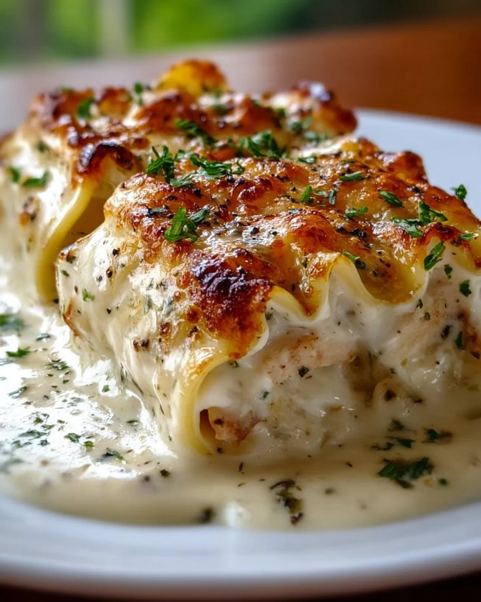 Cheesy Chicken Alfredo Lasagna Rolls showcasing creamy layers and delicious toppings