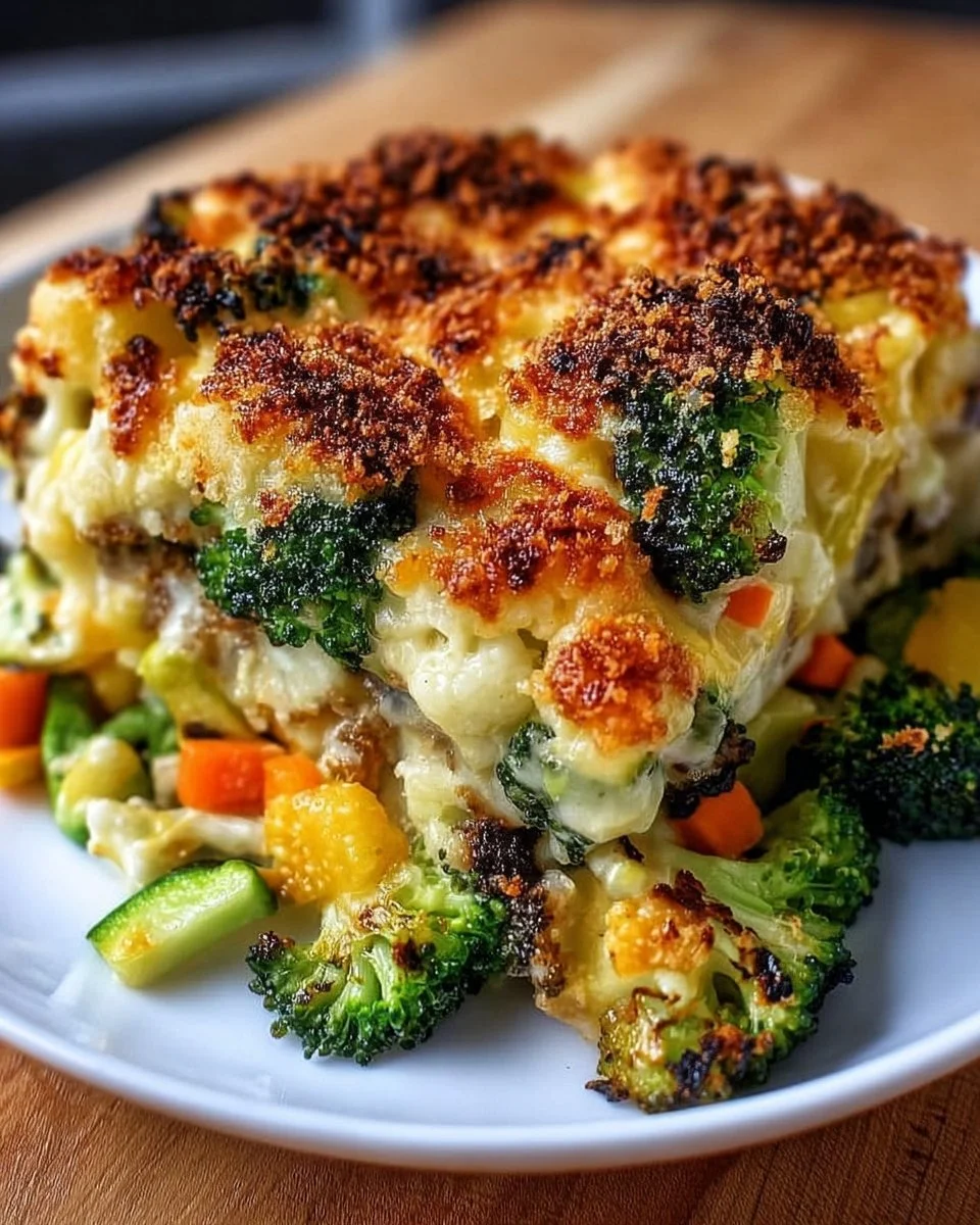 Cheesy vegetable casserole baked until golden and bubbly, perfect for cozy meals