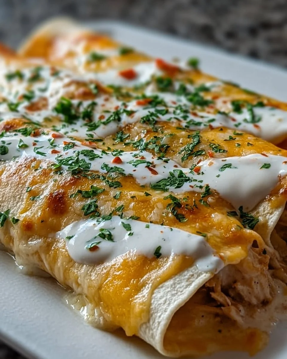 Delicious chicken enchiladas topped with sour cream white sauce on a plate