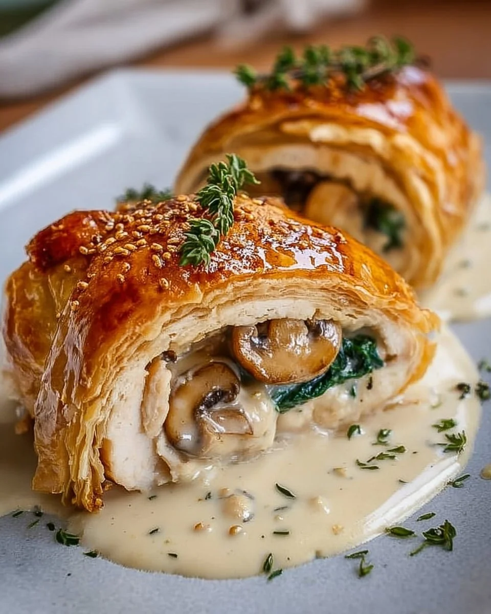 Delicious Chicken Wellington served with Dijon cream sauce for a gourmet meal.