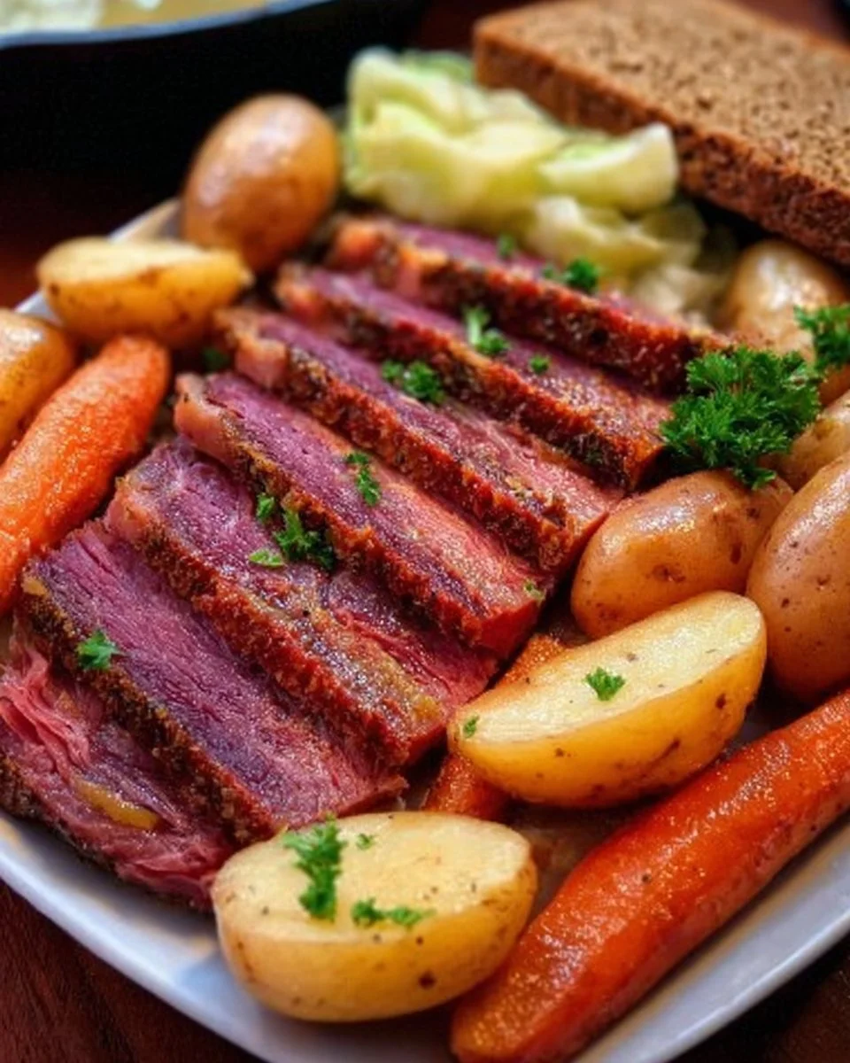 Plate of corned beef and cabbage served with vegetables.