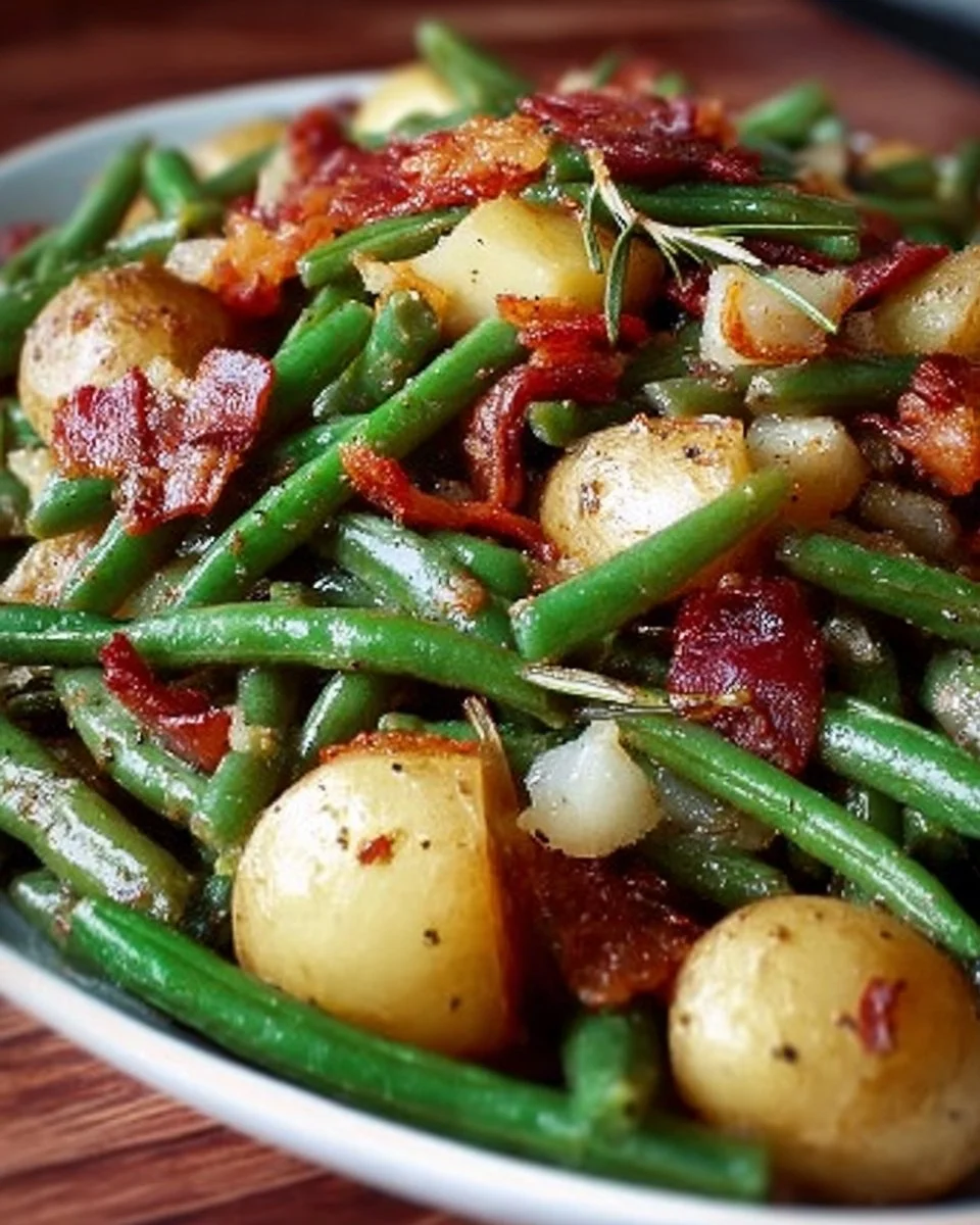 Country Ranch Green Beans and Potatoes with Bacon in a serving dish