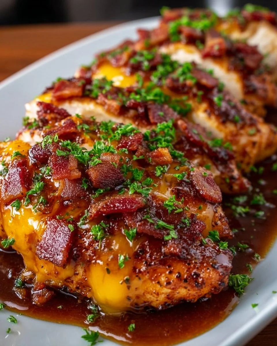 Delicious BBQ Bacon Cheddar Chicken topped with crispy bacon and melted cheddar cheese.