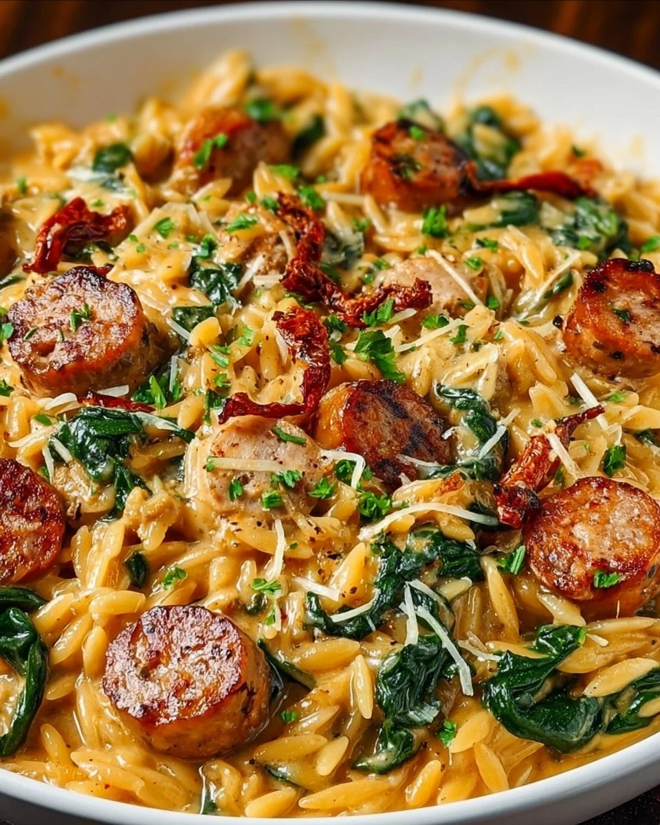 Creamy chicken sausage orzo dish in a skillet, showcasing a one-pan meal.