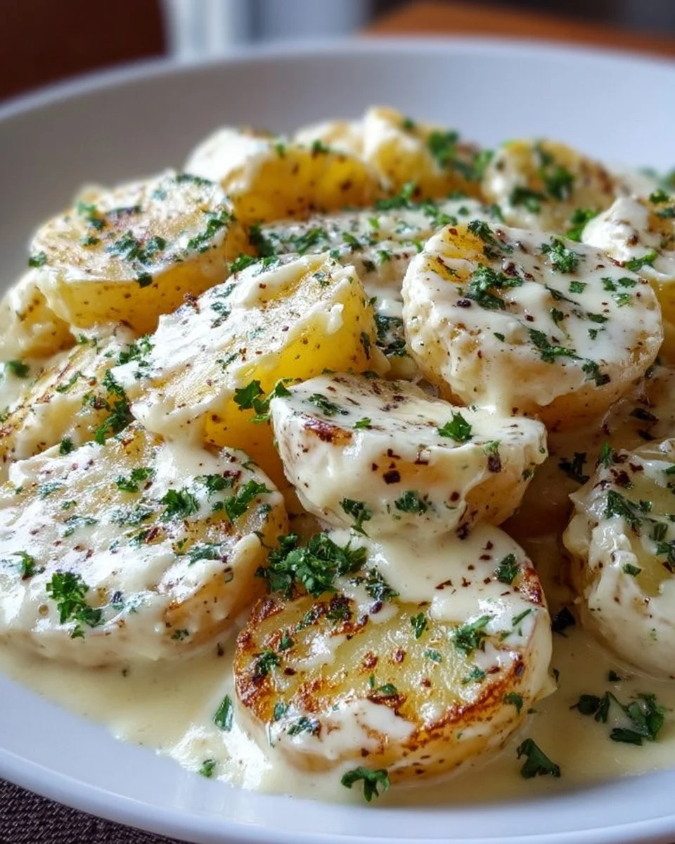 Creamy garlic sauce potatoes served with fresh herbs.