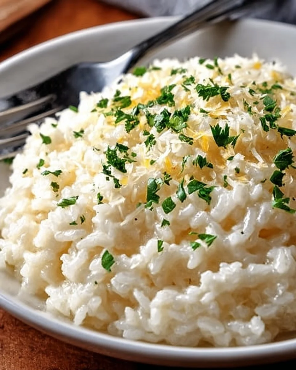 Creamy Parmesan Rice served in a bowl, garnished with herbs