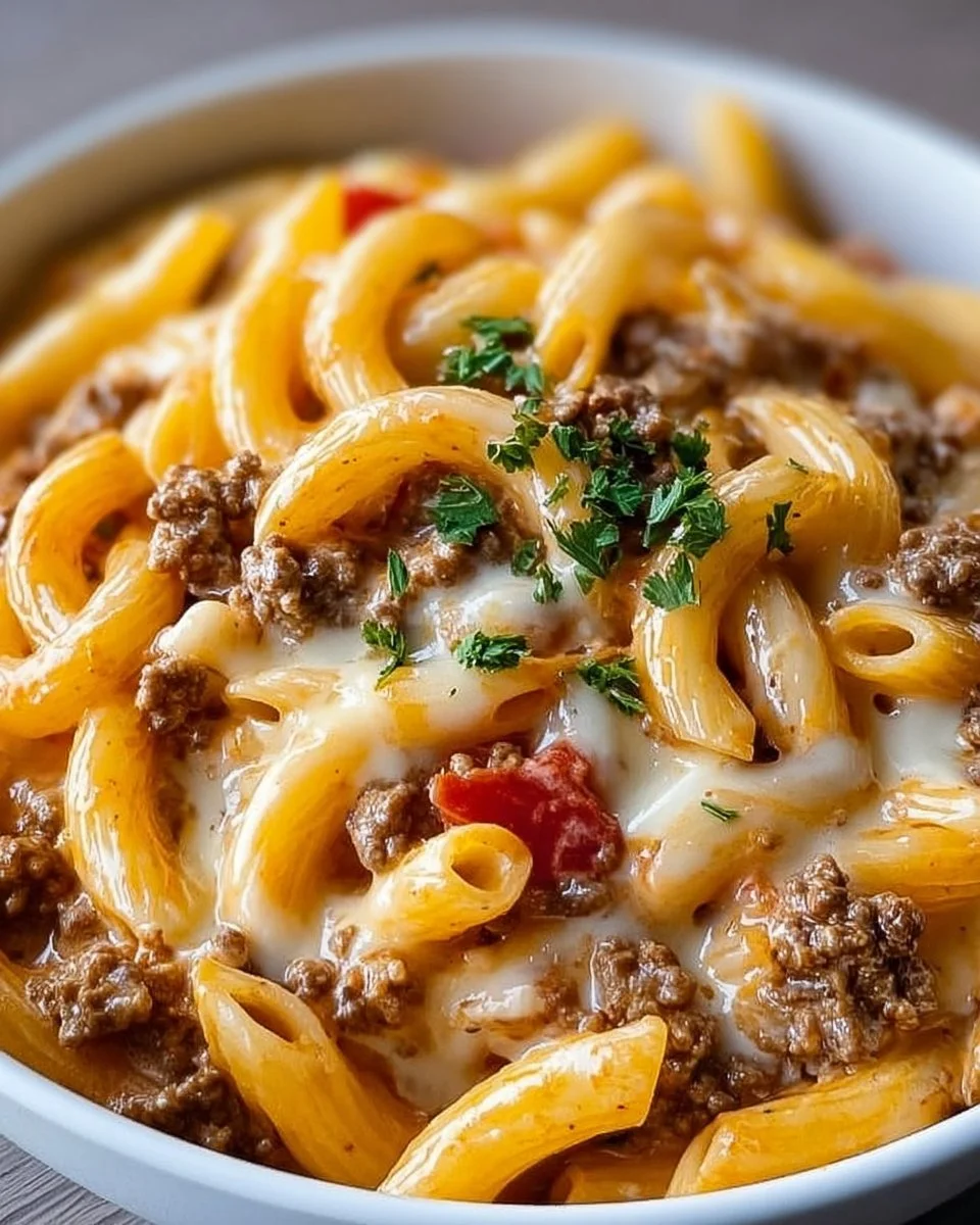 Creamy Rotel pasta with ground beef served in a bowl