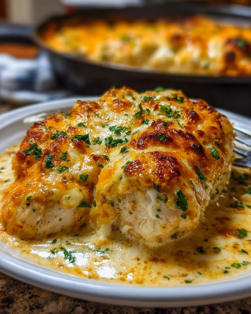 Creamy Sour Cream Chicken Bake topped with herbs and served in a baking dish.