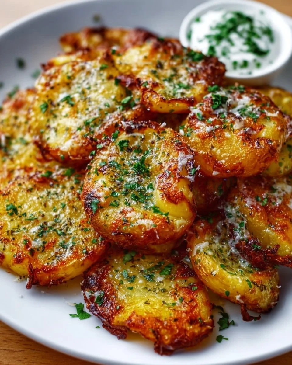 Delicious Crispy Garlic Parmesan Smashed Potatoes on a serving plate