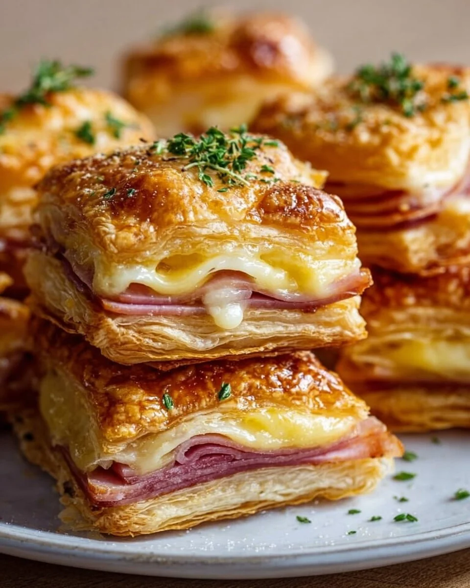 Crispy ham and cheese puff pastry stacks ready to be served