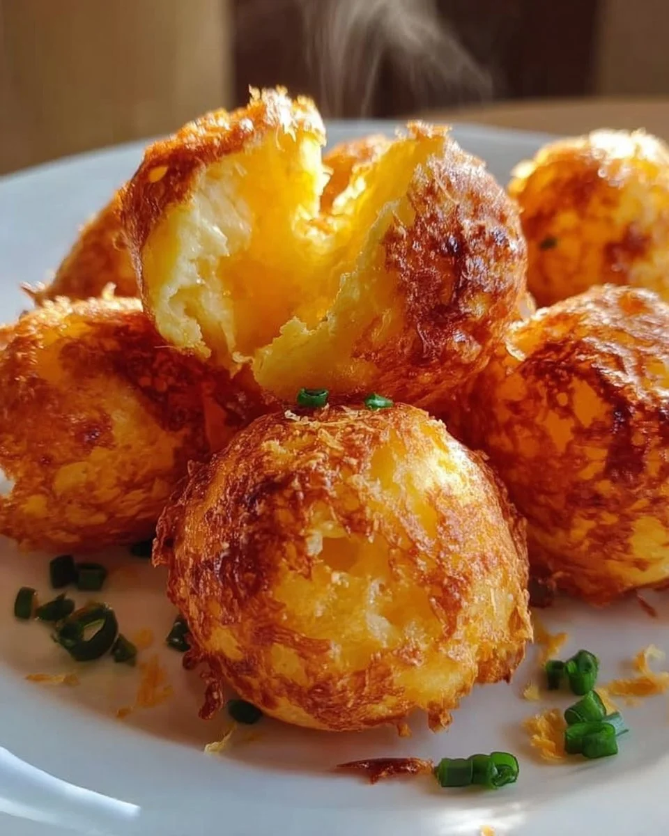 Plate of crispy mashed potato cheese puffs garnished with herbs.