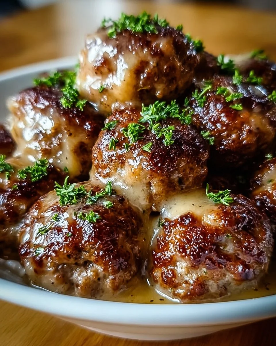 Delicious Crock Pot French Onion Meatballs served with melted cheese