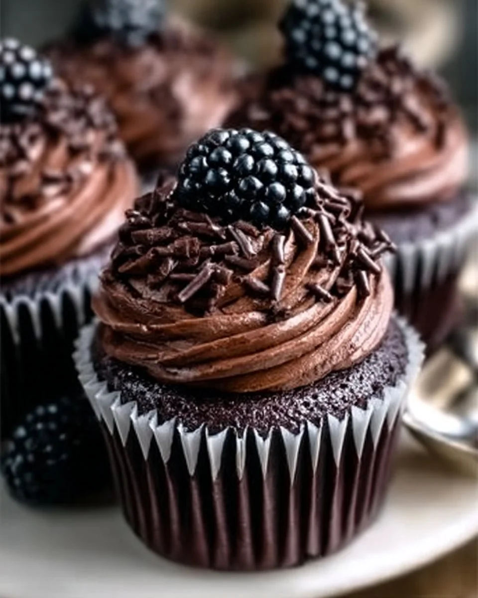 Delicious dark chocolate blackberry cupcakes topped with fresh blackberries