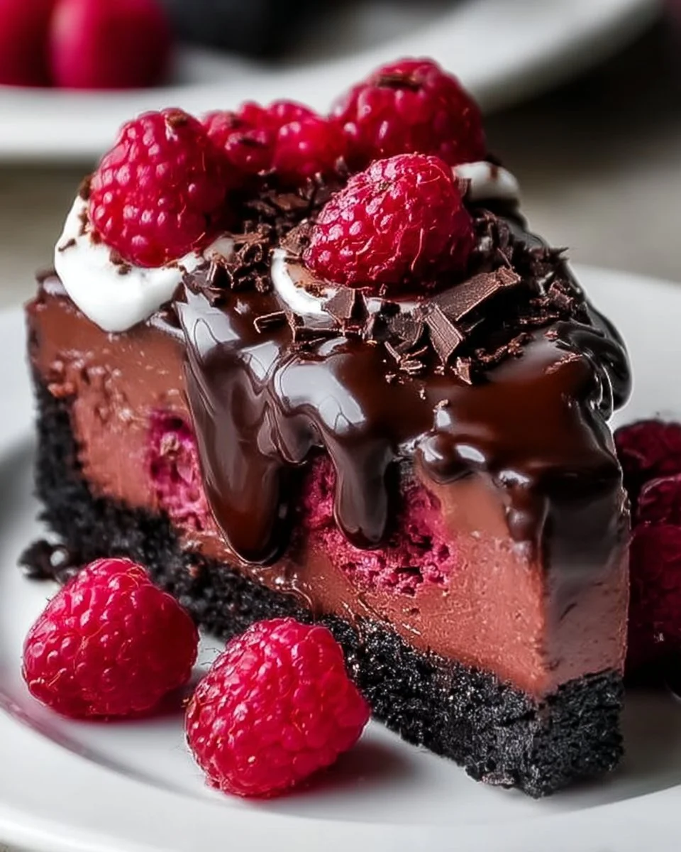 Decadent dark chocolate raspberry cheesecake topped with fresh raspberries.