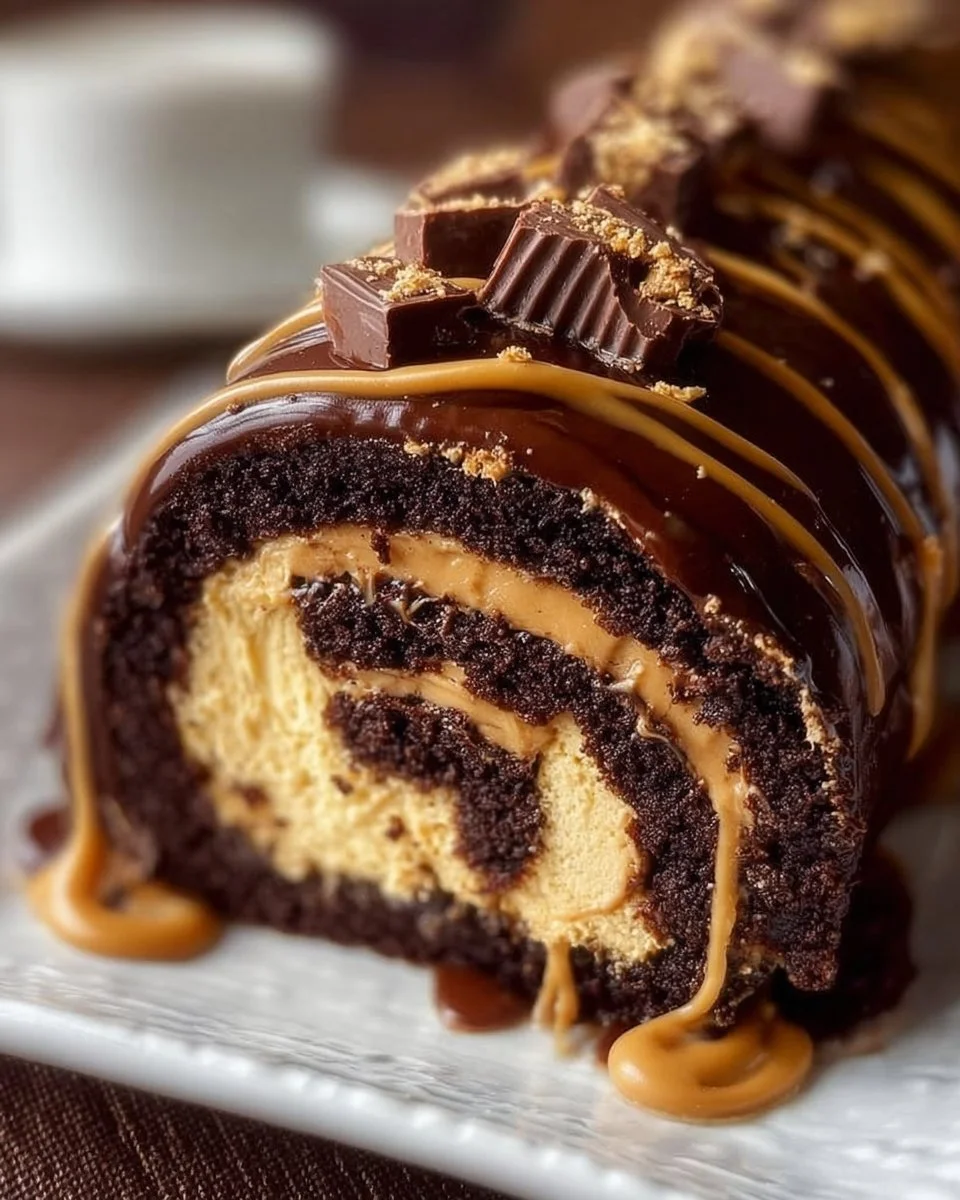 Slice of decadent Peanut Butter Cup Chocolate Roll dessert on a plate