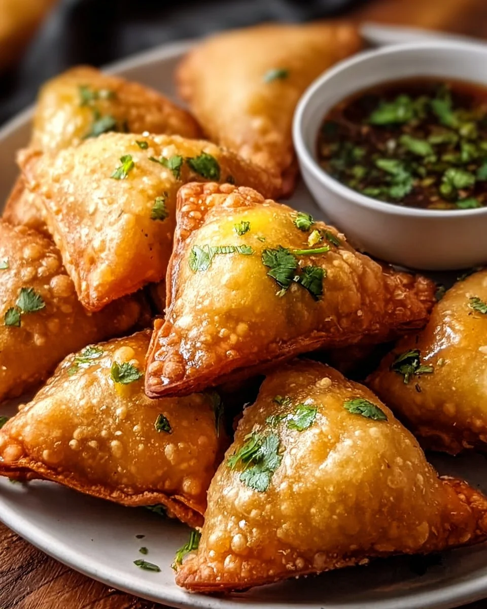 Homemade potato samosas on a plate, golden and crispy, ready to be enjoyed.