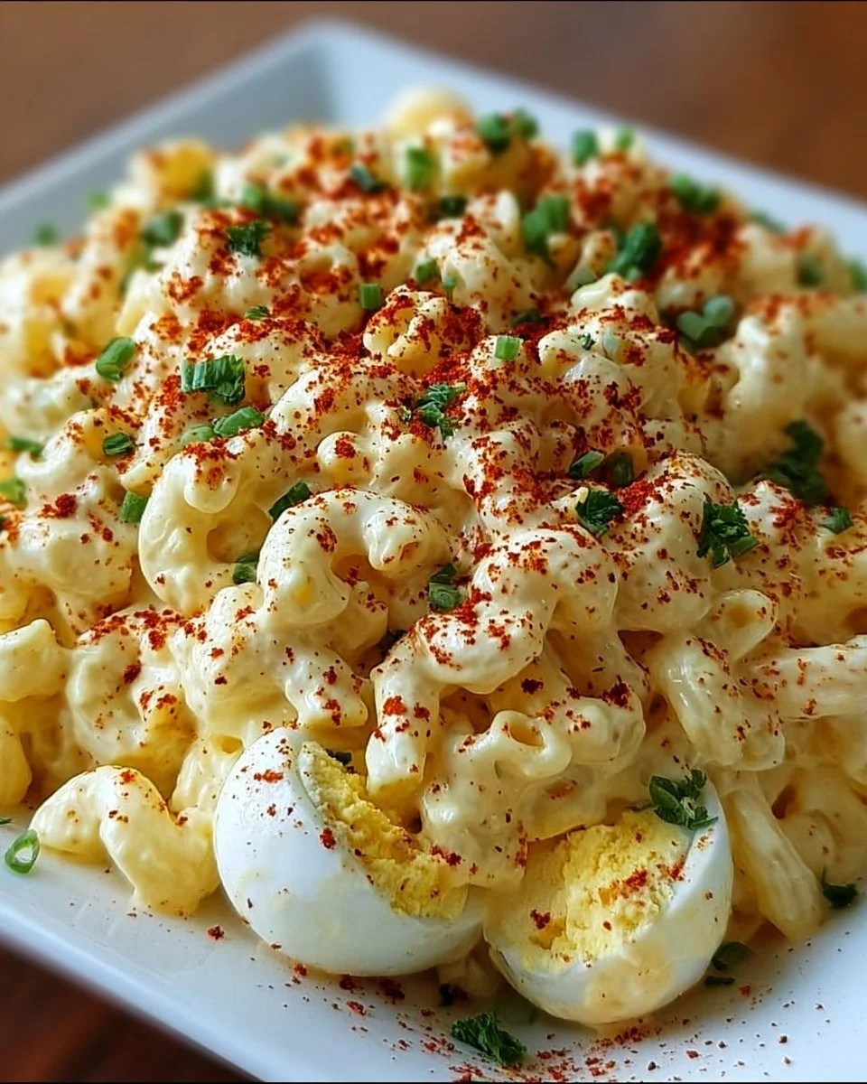 Delicious deviled egg macaroni salad in a bowl with garnishes.