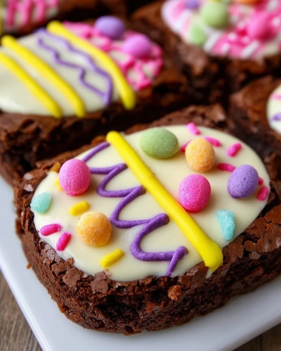 Delicious Easter Egg Brownies decorated with colorful candy eggs.