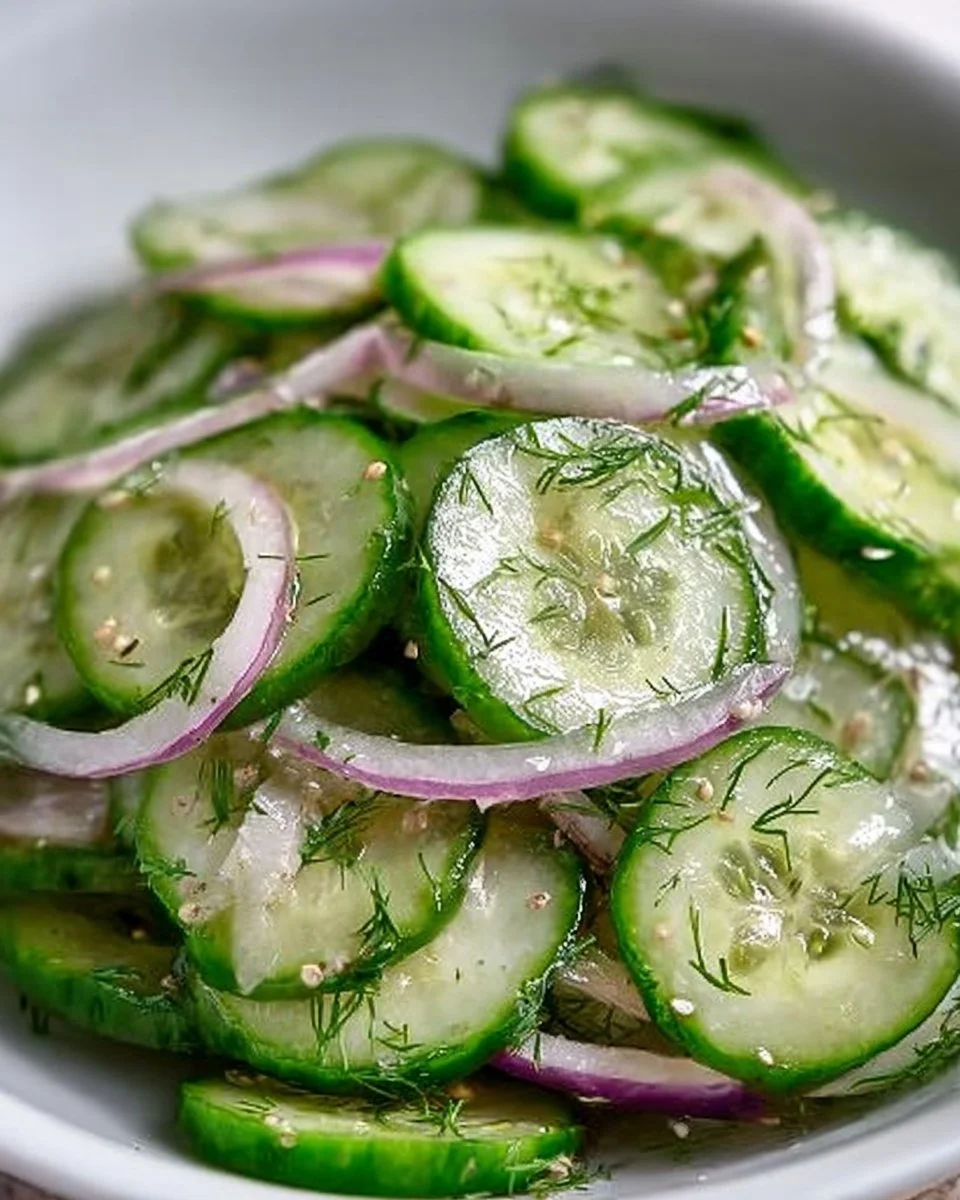 A bowl of easy cucumber salad topped with herbs and diced vegetables