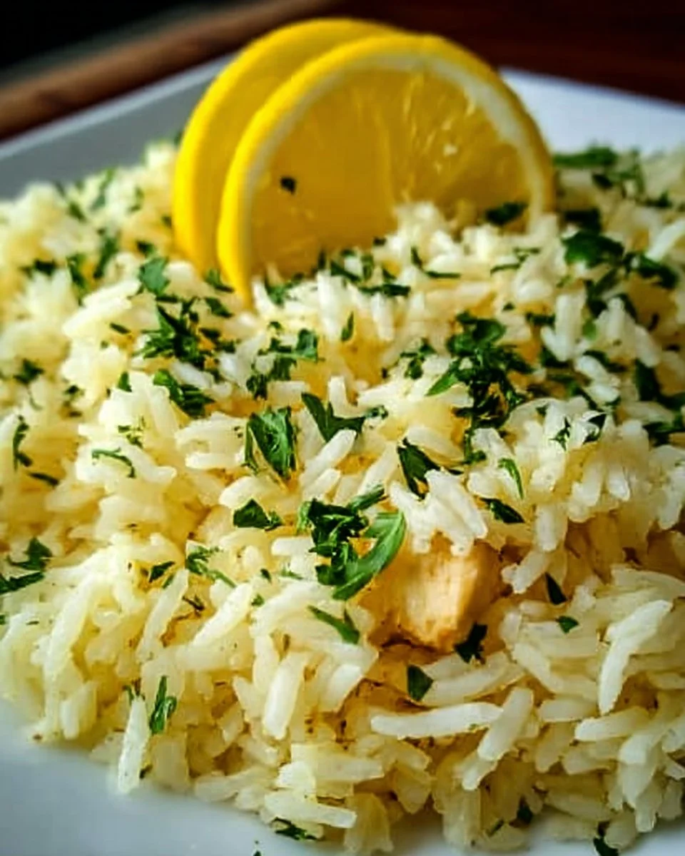 Delicious bowl of Greek Lemon Rice garnished with fresh herbs.