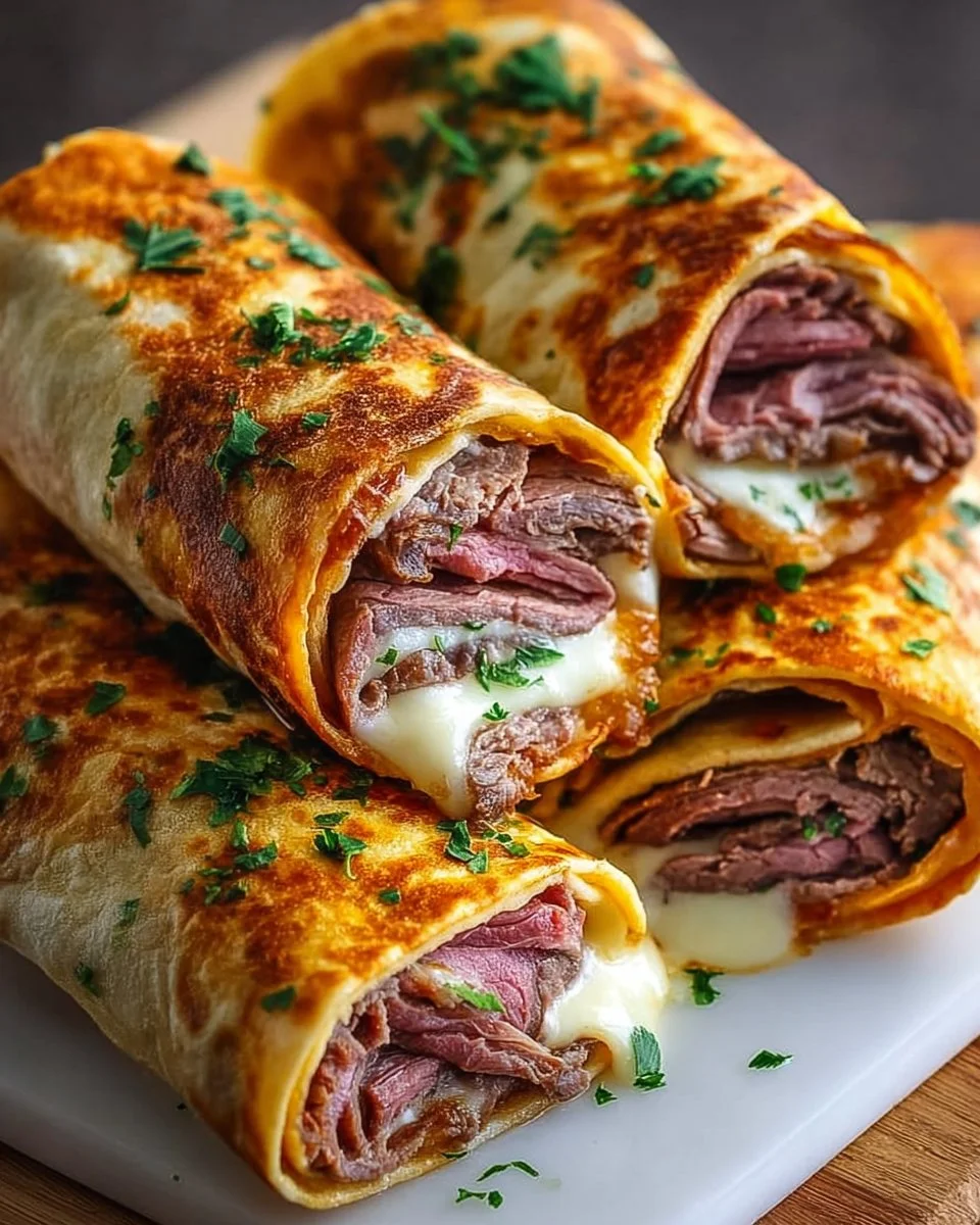 French Dip Tortilla Roll Ups served with dipping sauce