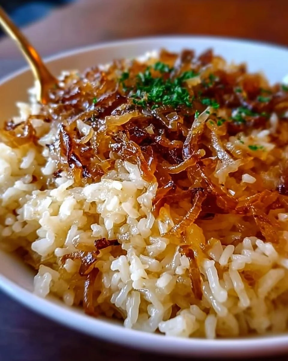 Delicious French Onion Butter Rice served in a bowl with herbs and cheese.