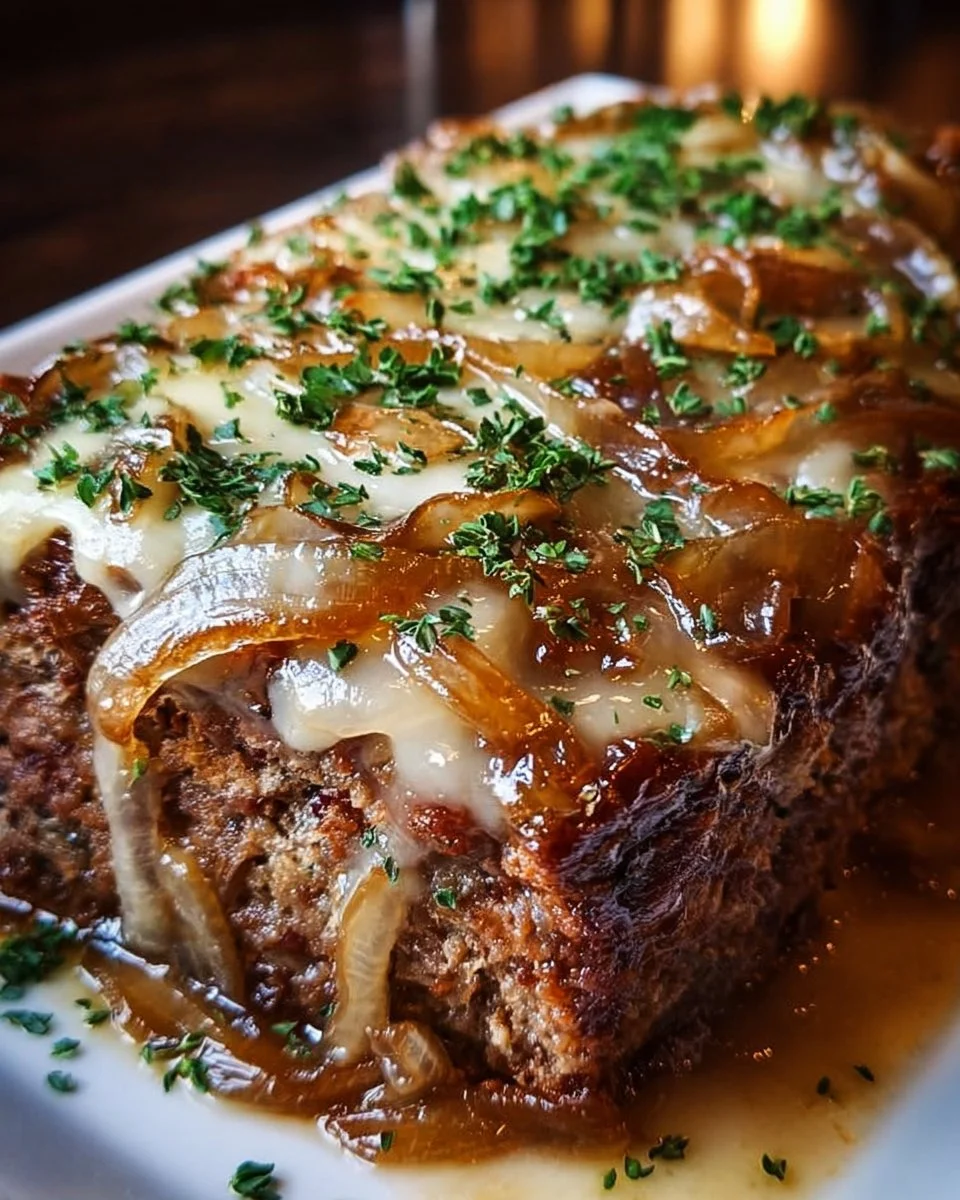 Delicious French onion meatloaf served with caramelized onions and melted cheese