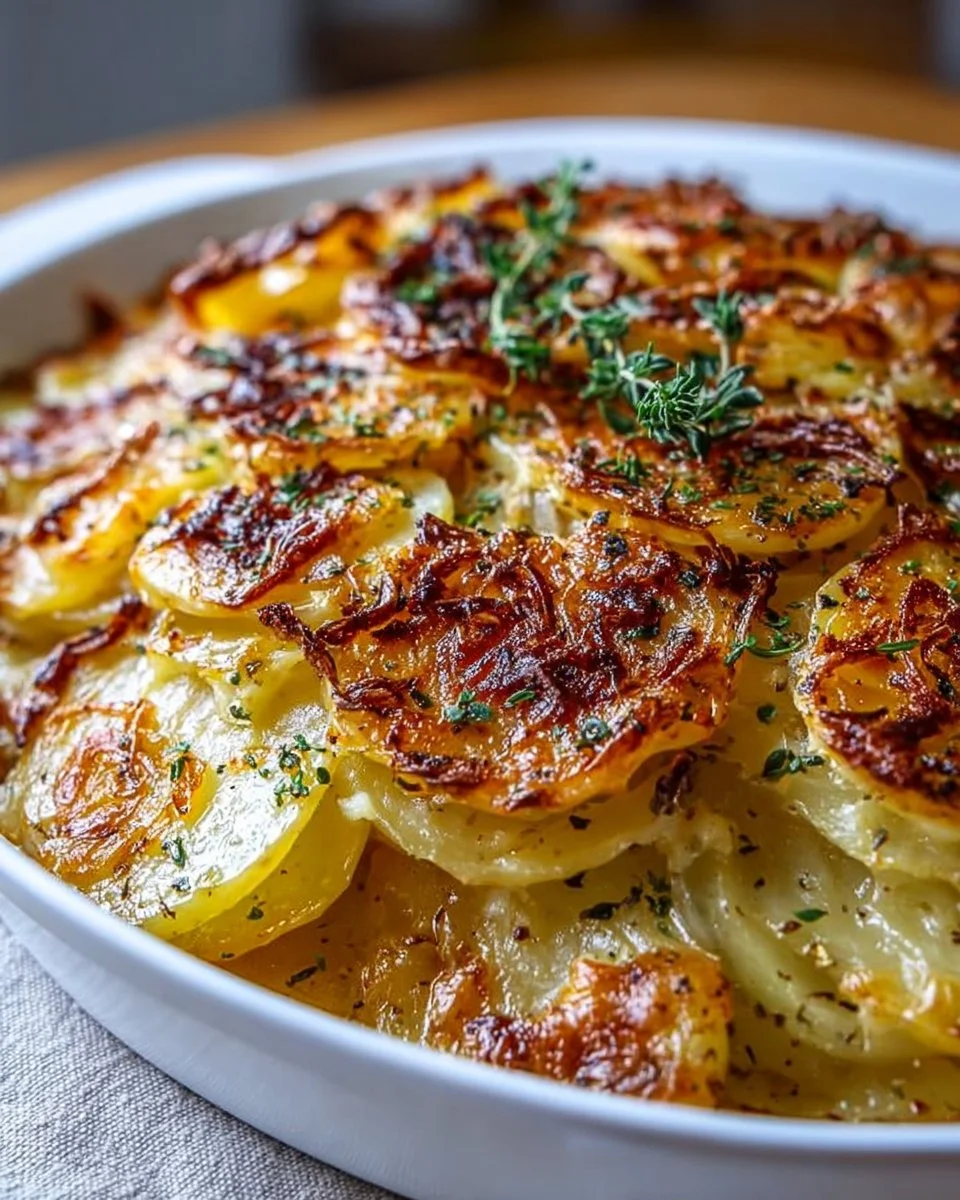Delicious French onion potatoes topped with cheese, perfect for cozy meals.