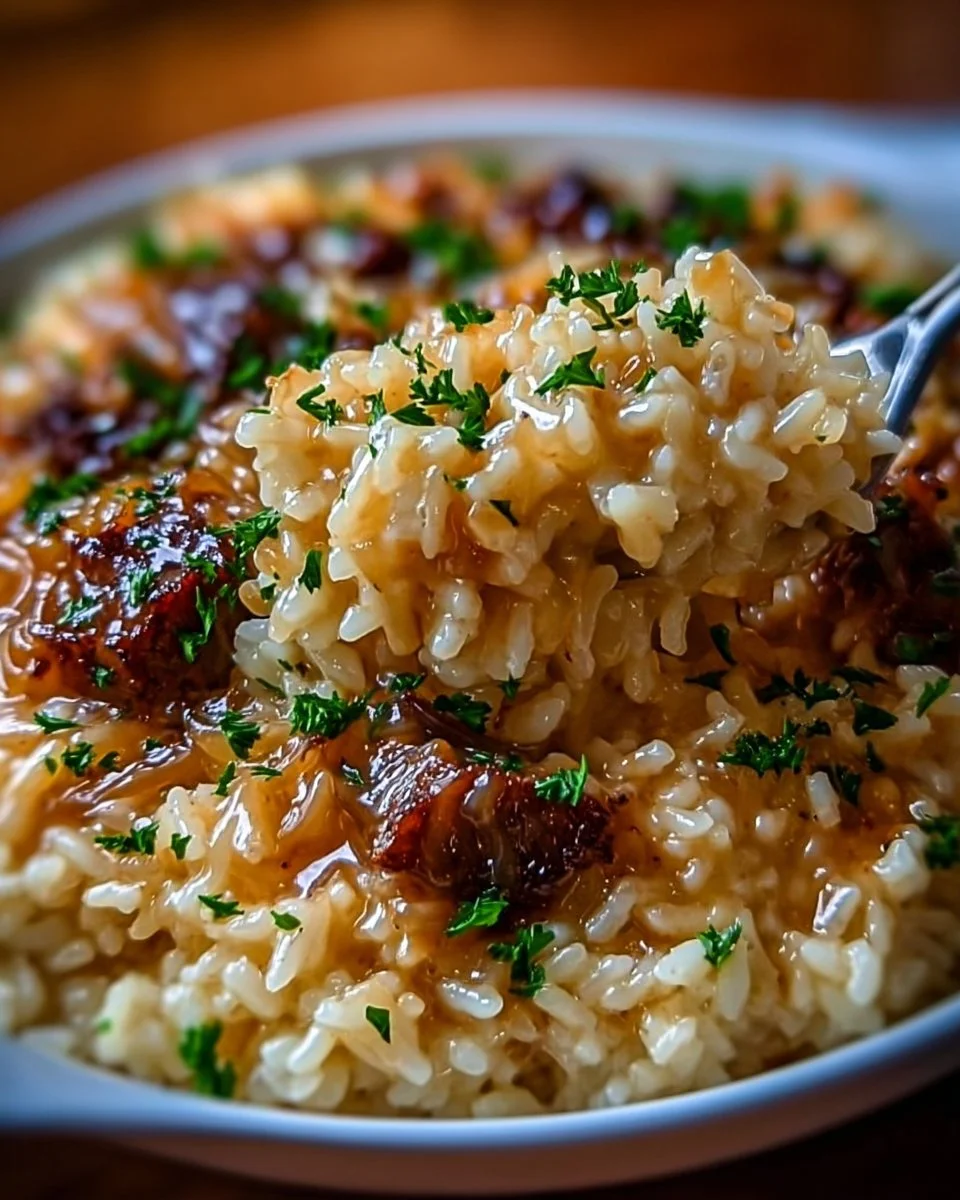 Bowl of creamy French onion soup rice topped with melted cheese and herbs