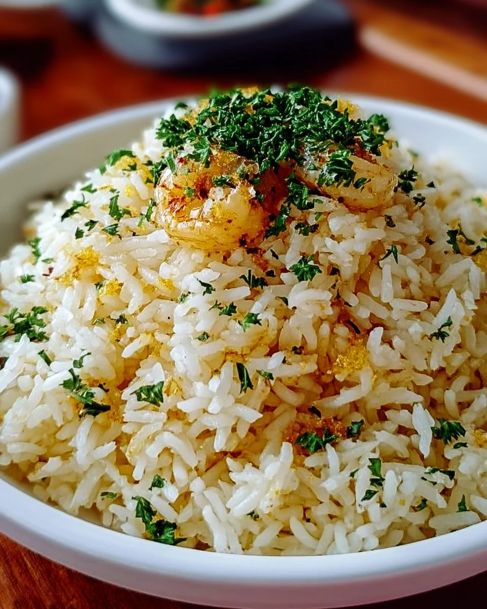 Delicious plate of Garlic Butter Rice topped with herbs and garlic