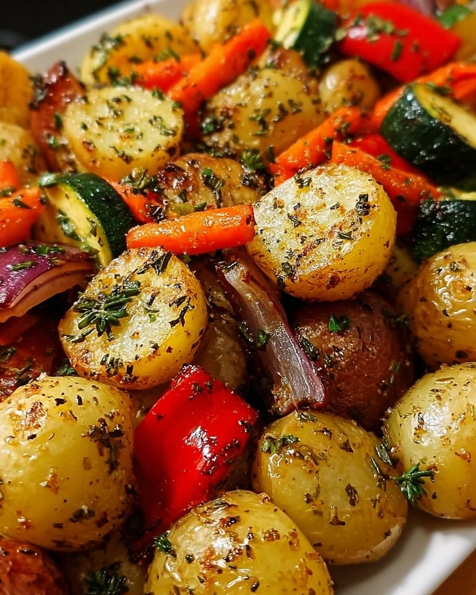 Garlic herb roasted potatoes and colorful veggies on a serving plate