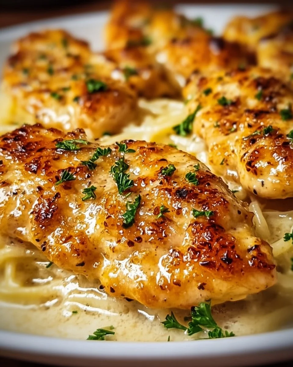 Delicious Garlic Parmesan Chicken garnished with herbs and served on a plate.