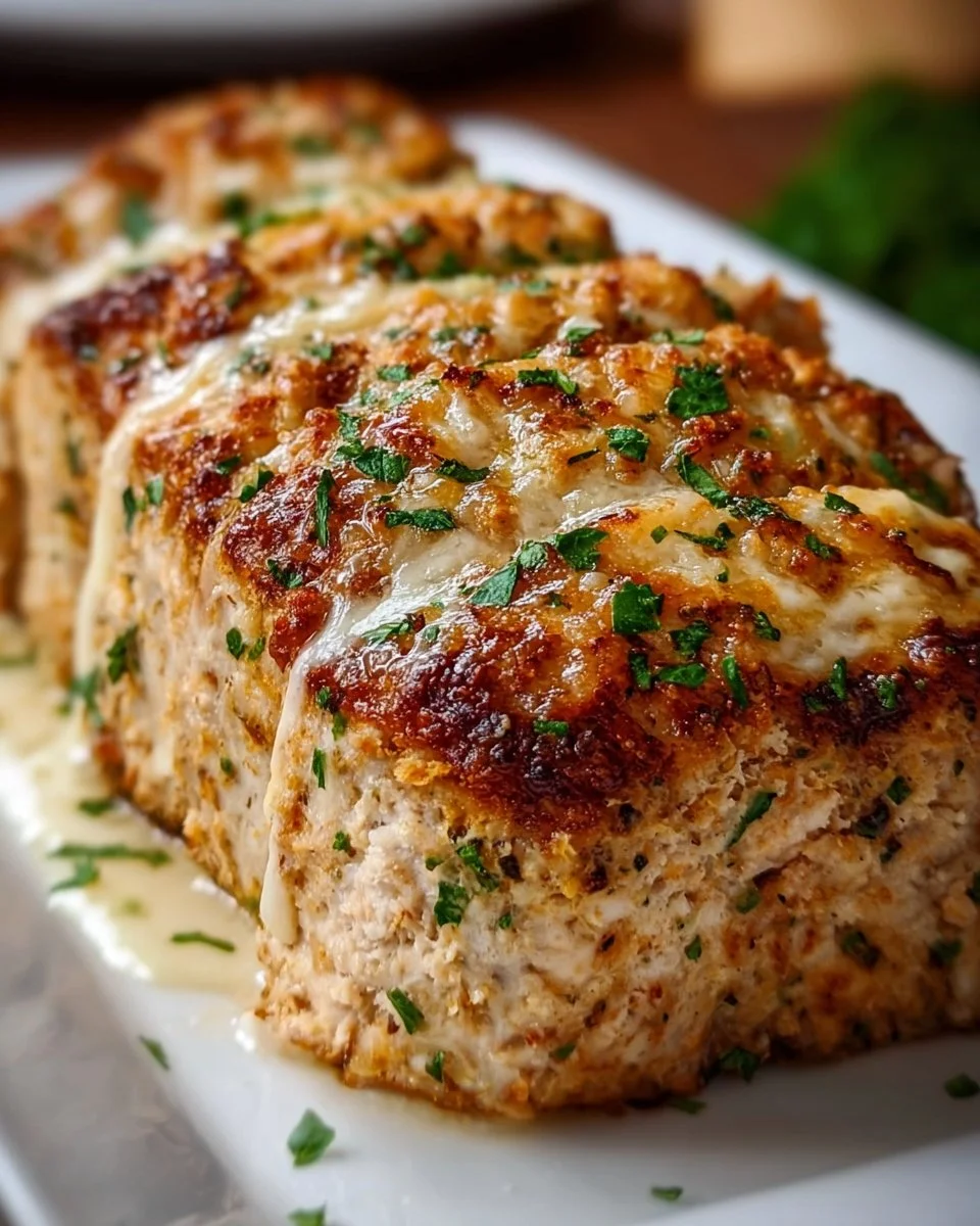 Delicious Garlic Parmesan Chicken Loaf served with herbs