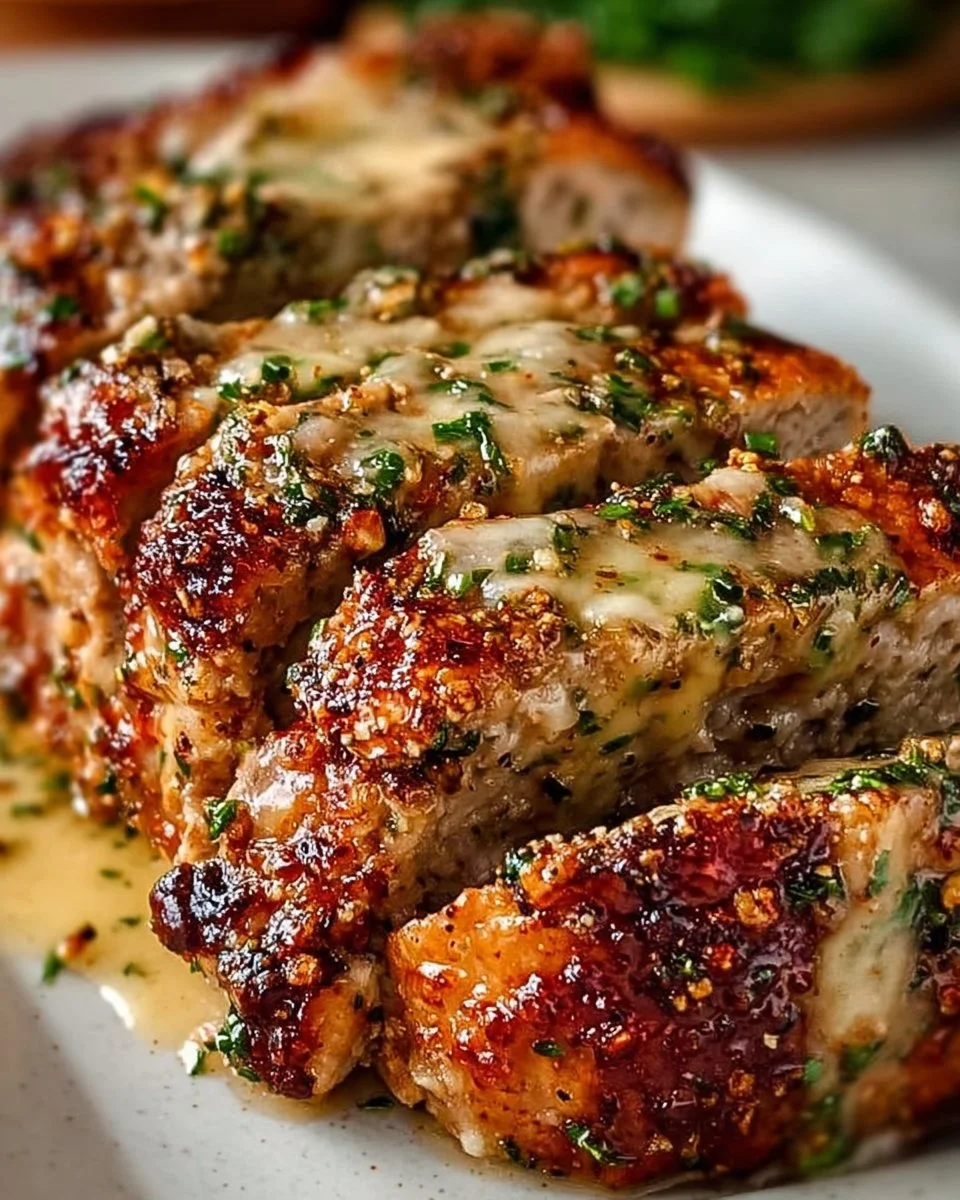 Delicious Garlic Parmesan Chicken Meatloaf served on a plate with herbs