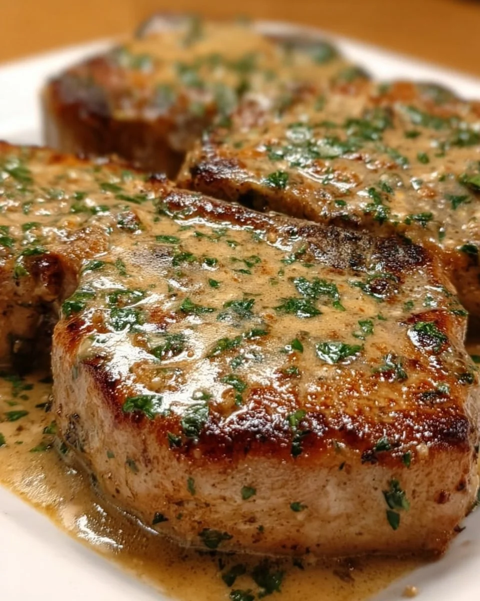 Juicy Garlic Parmesan Pork Chops garnished with parsley on a white plate