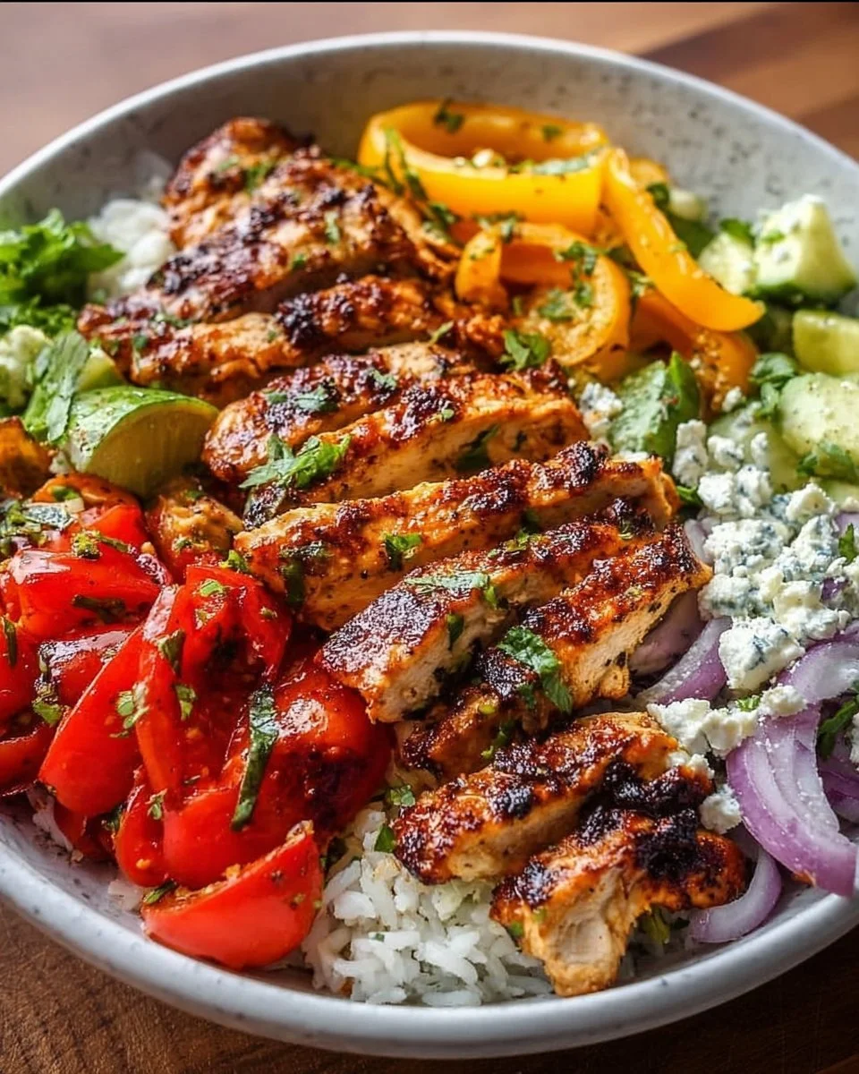 Delicious Greek Chicken bowl with fresh vegetables and grains for meal prep