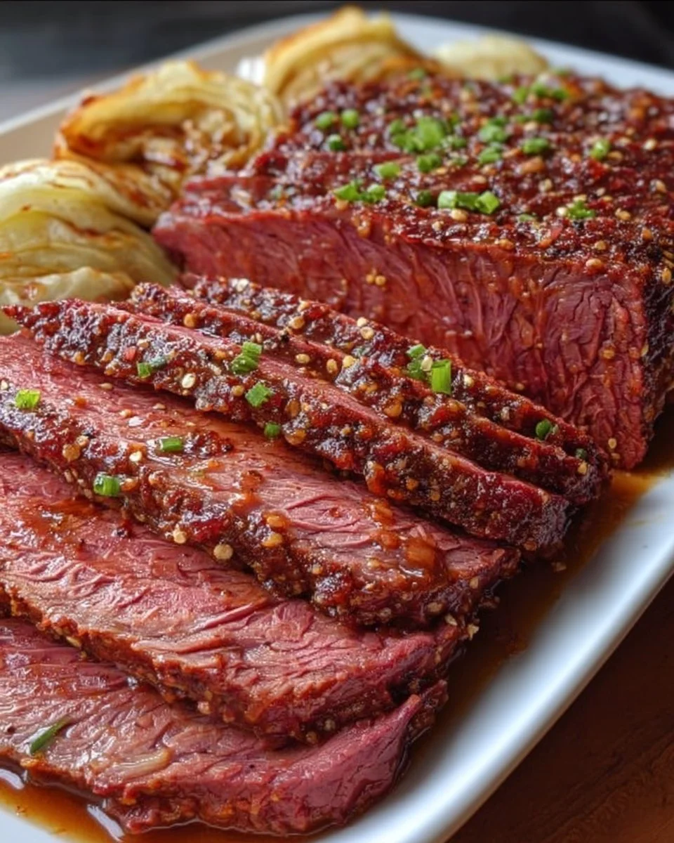 Delicious Guinness-braised corned beef served with roasted cabbage.