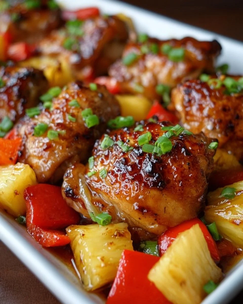 Delicious Hawaiian Chicken Sheet Pan meal ready to serve.