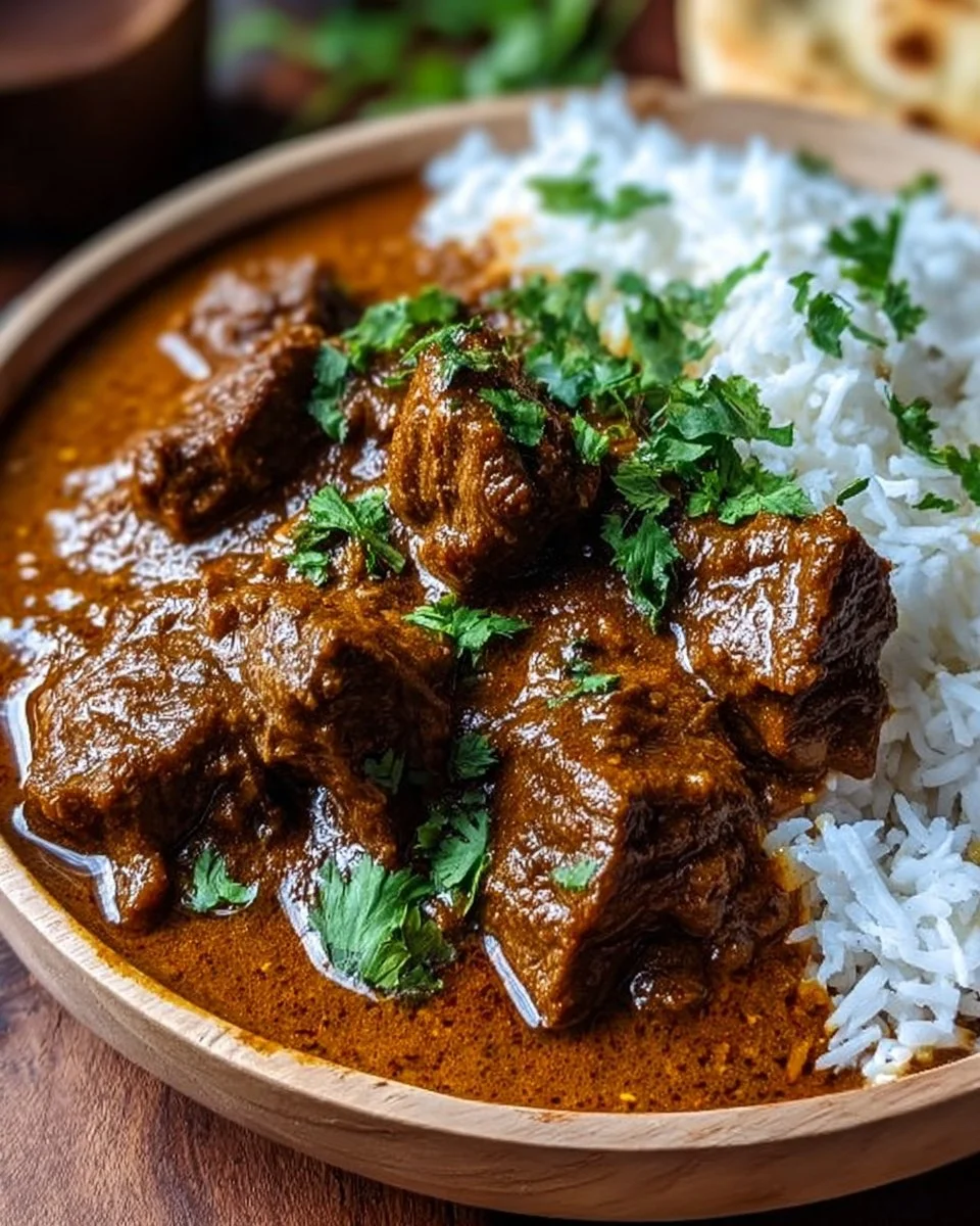 Slow cooker Indian beef curry simmering with spices and vegetables